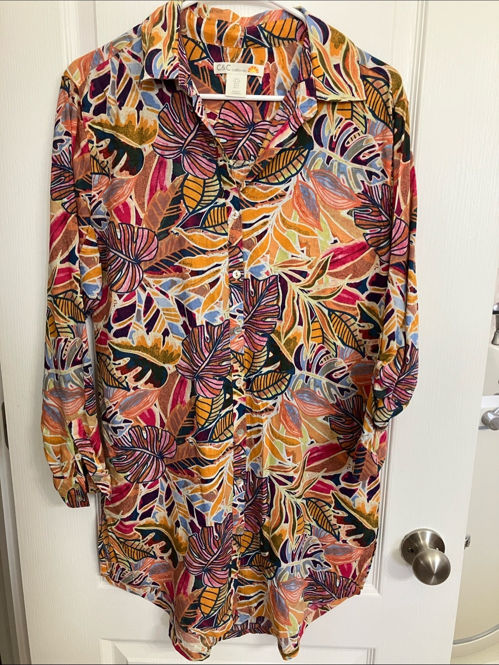 C&C California Pink Mustard Navy Tropical Leaf Shirt